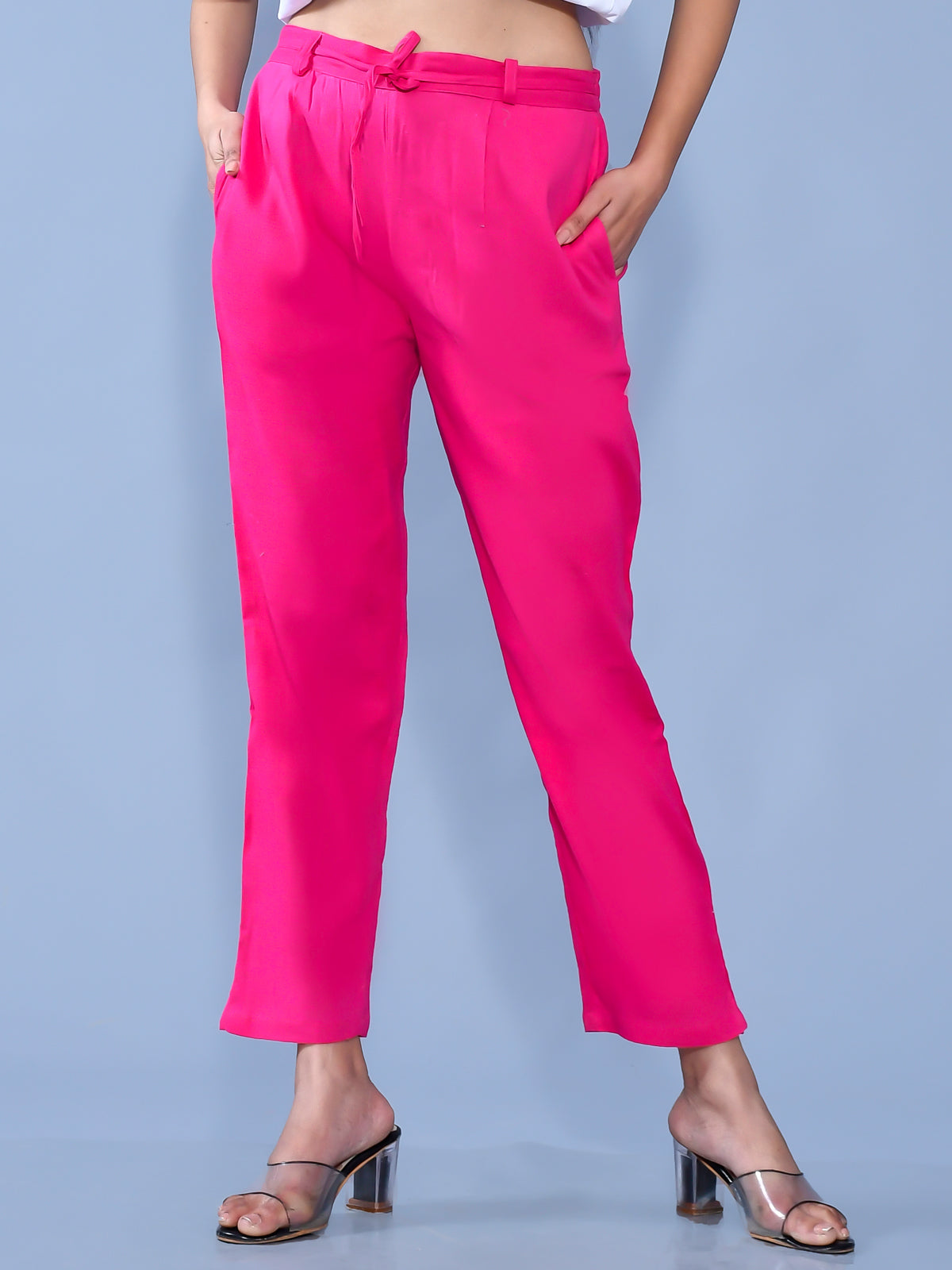 Pack Of 2 Womens Regular Fit Mustard And Rani Pink Cotton Slub Belt Pant Combo