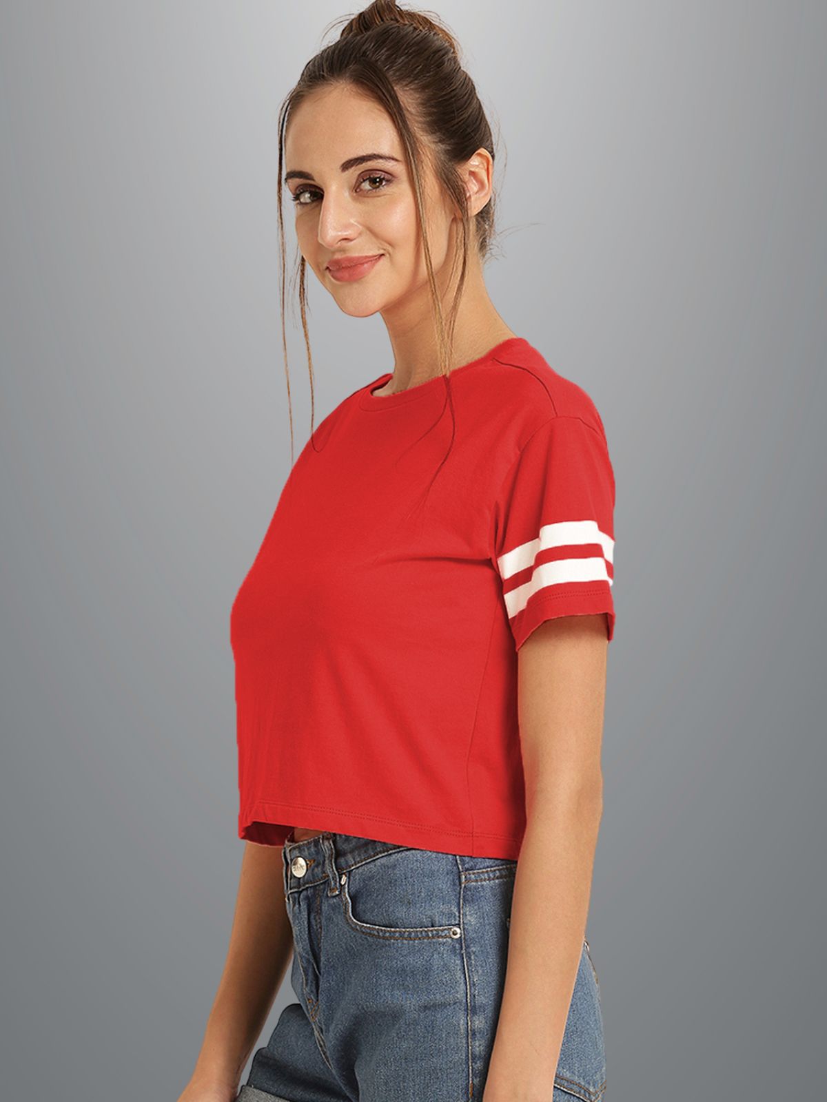 Womens Solid Red Cotton Crop Top With Designer White Stripe