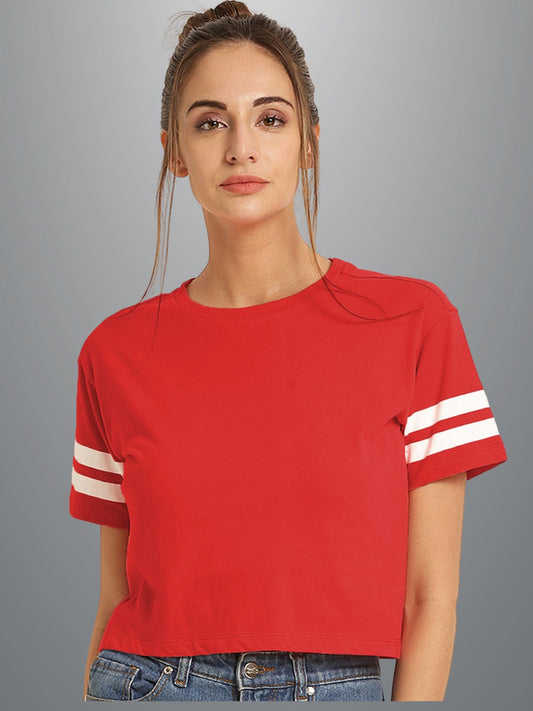Womens Solid Red Cotton Crop Top With Designer White Stripe