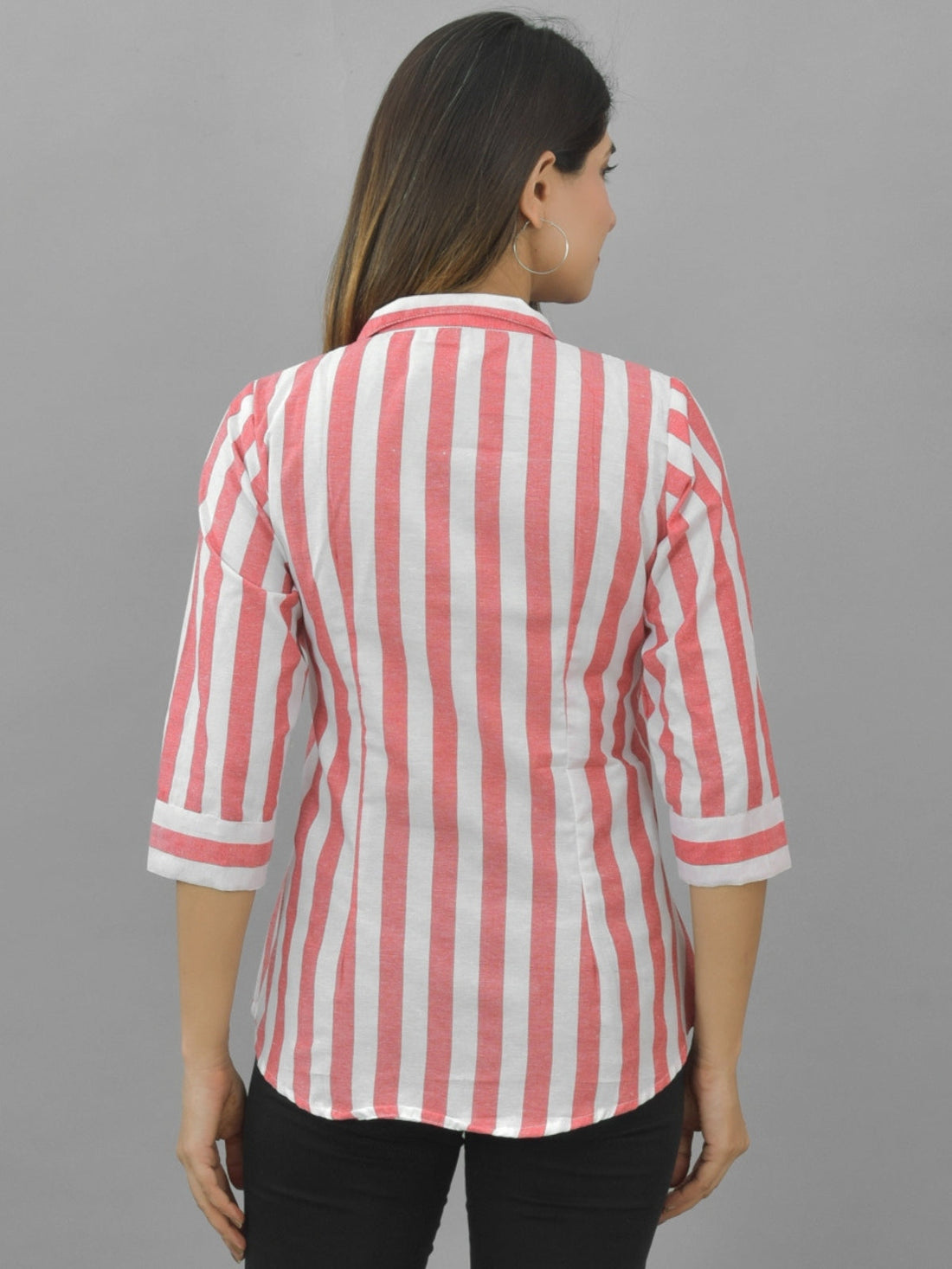 Womens Red Regular Fit Striped Cotton Spread Collar Casual Shirt