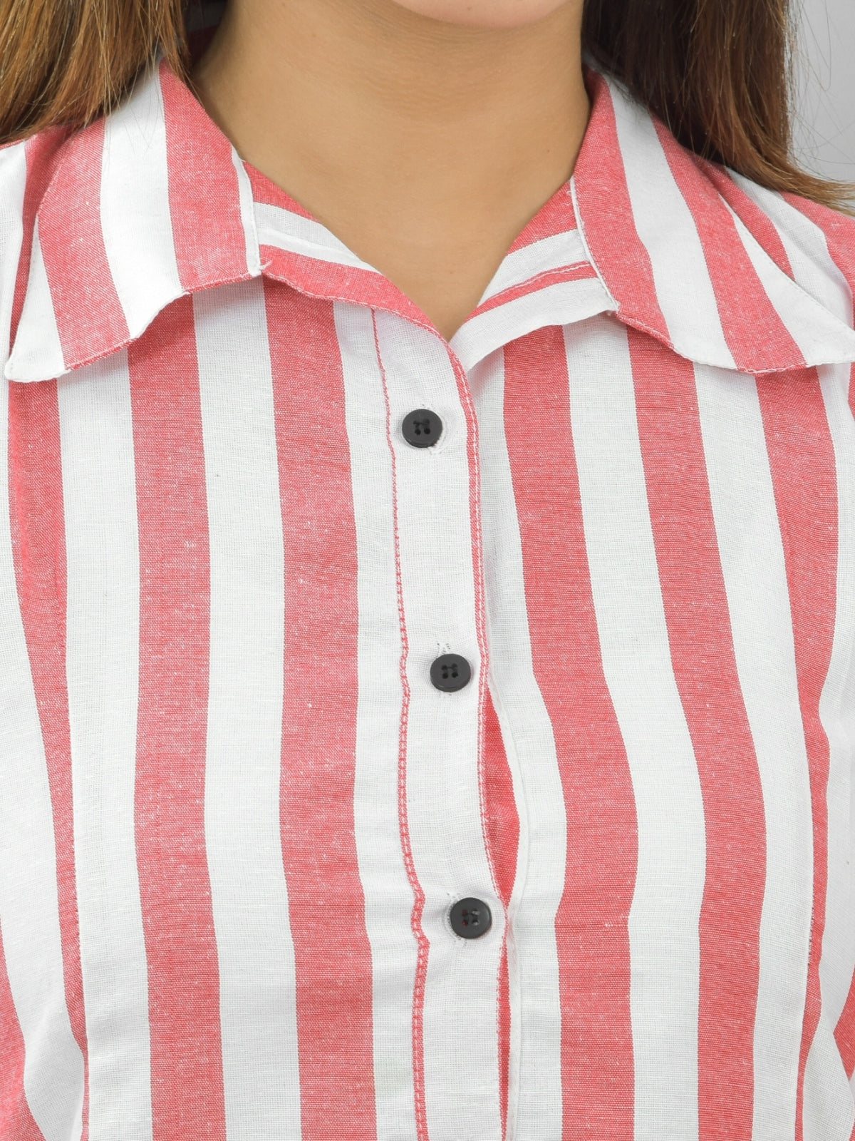 Womens Red Regular Fit Striped Cotton Spread Collar Casual Shirt