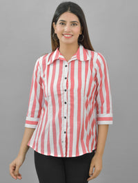 Pack Of 2 Womens Pink And Red Spread Collar Striped Shirt Combo