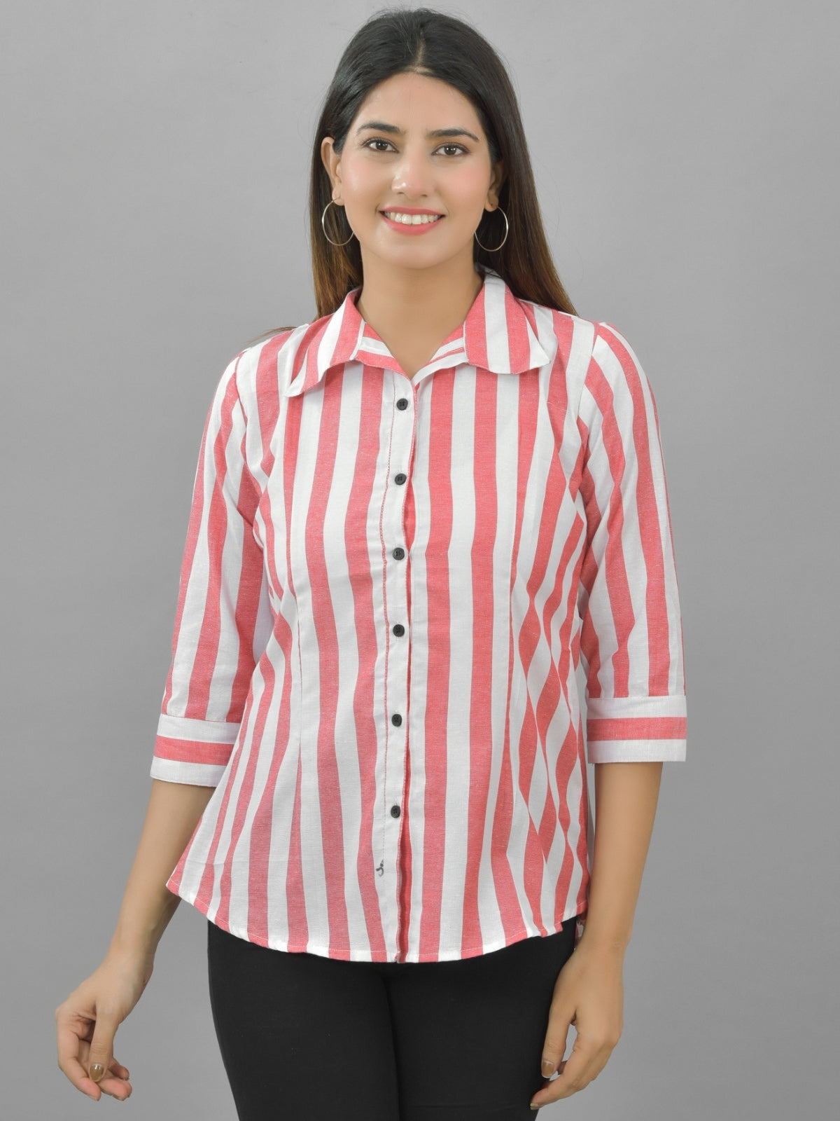 Pack Of 2 Womens Parrot Green And Red Spread Collar Striped Shirt Combo