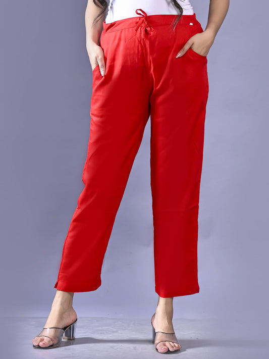 Women Regular Fit Red Rayon Trouser