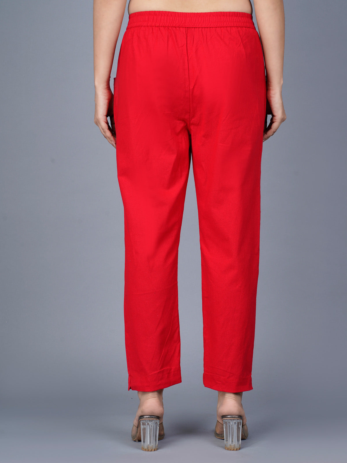Women's Red Regular Fit Elastic Cotton Trouser