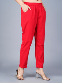 Women's Red Regular Fit Elastic Cotton Trouser