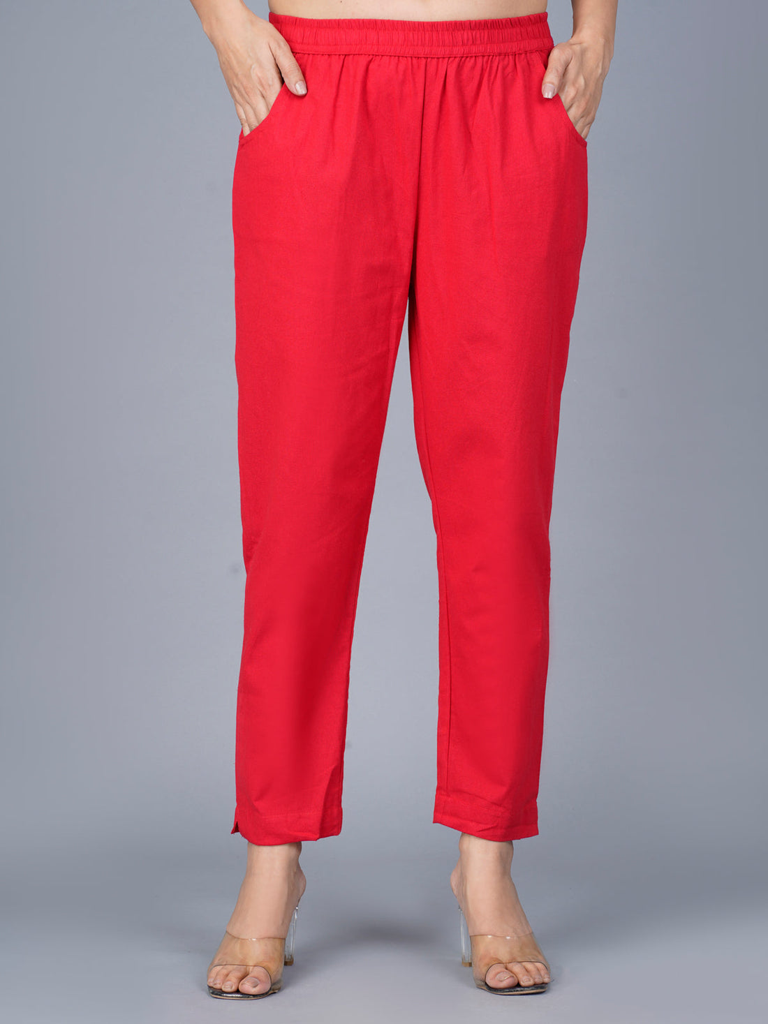 Pack Of 2 Womens Regular Fit Red And White Fully Elastic Waistband Cotton Trouser