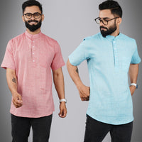 Pack Of 2 Mens Regular Fit Red And Sky Blue Half Sleeve Cotton Short Kurta Combo