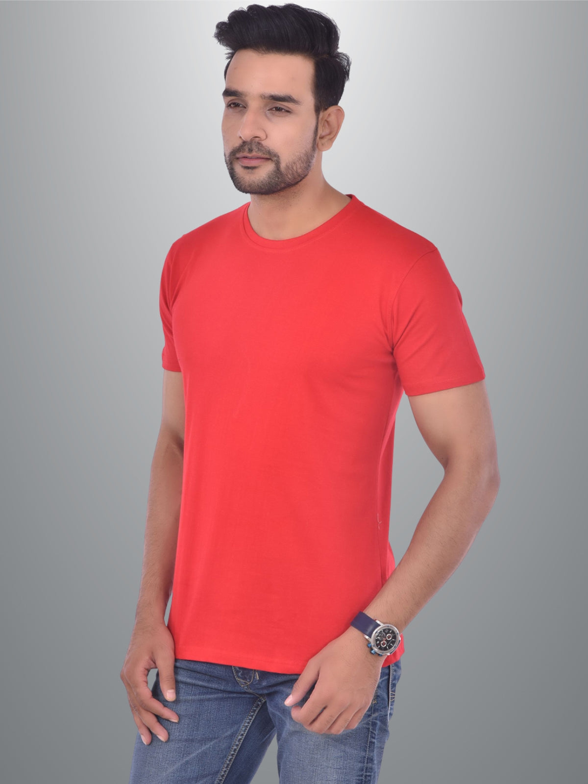 Mens Solid Round Neck  Half Sleeve Cotton Blend Red T-shirt