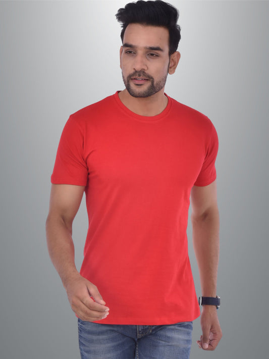 Mens Solid Round Neck  Half Sleeve Cotton Blend Red T-shirt