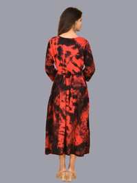 Women Red Tie Dye Long Dress Rayon 3/4 Sleeve Dress