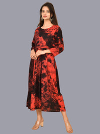 Women Red Tie Dye Long Dress Rayon 3/4 Sleeve Dress