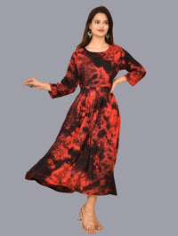 Women Red Tie Dye Long Dress Rayon 3/4 Sleeve Dress