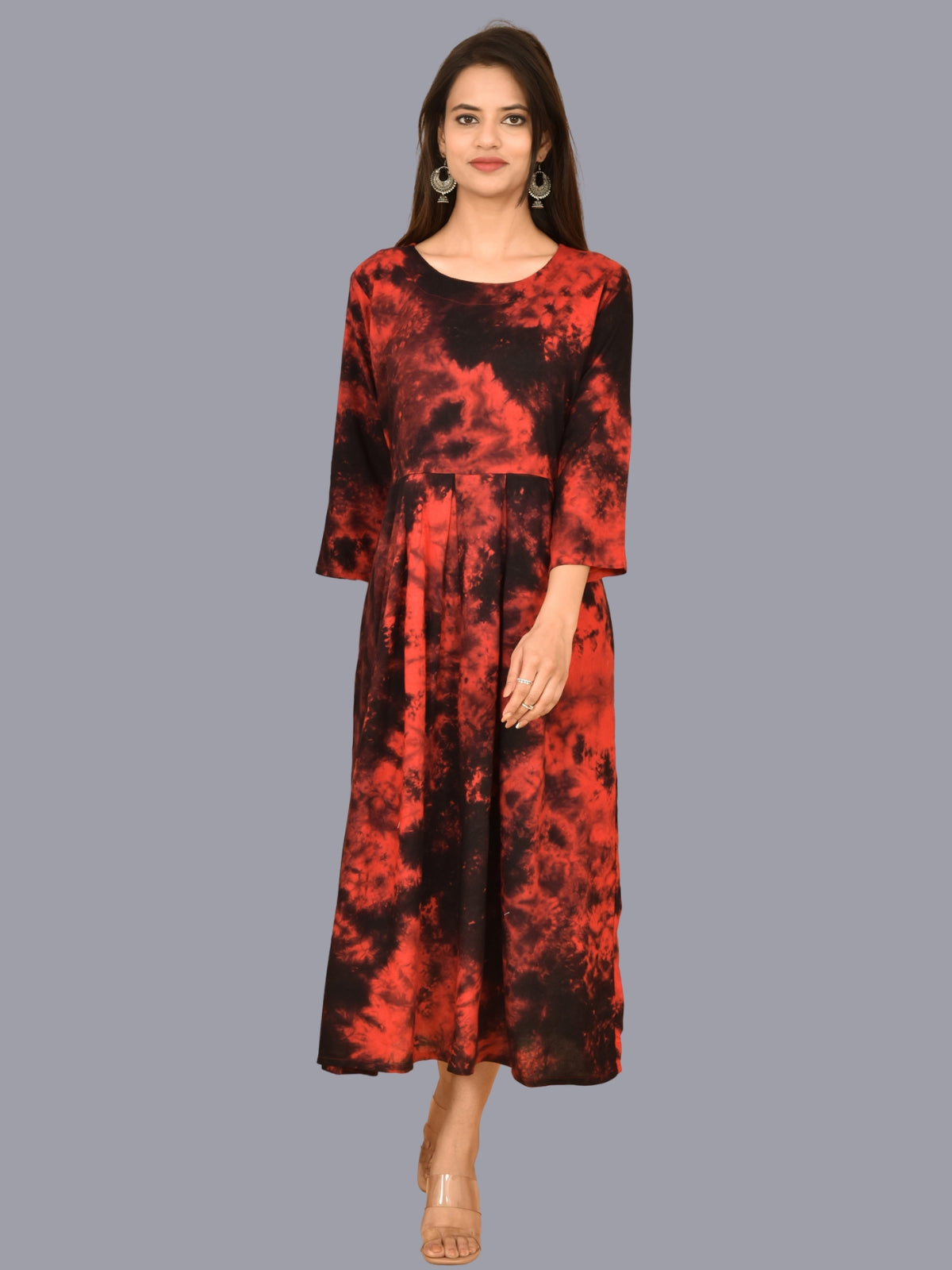Women Red Tie Dye Long Dress Rayon 3/4 Sleeve Dress