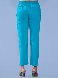 Pack Of 2 Womens Regular Fit Blue And Teal Blue Cotton Slub Belt Pant Combo