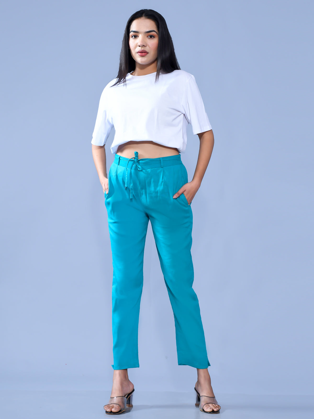 Pack Of 2 Womens Regular Fit Blue And White Cotton Slub Belt Pant Combo
