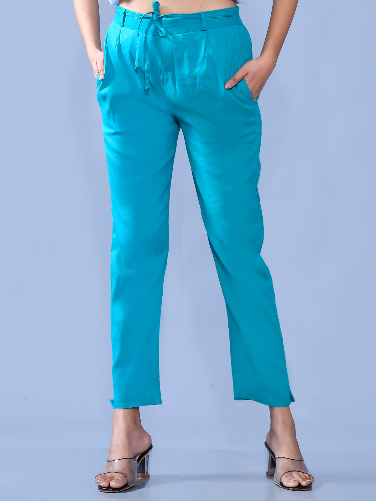 Pack Of 2 Womens Regular Fit Grey And Blue Cotton Slub Belt Pant Combo