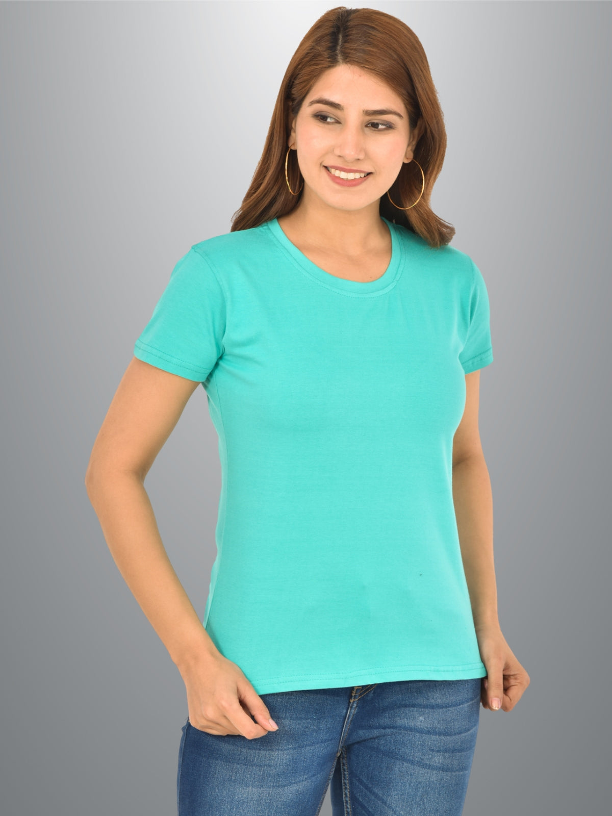 Womens Turquoise Half Sleeves Cotton Plain T-shirt