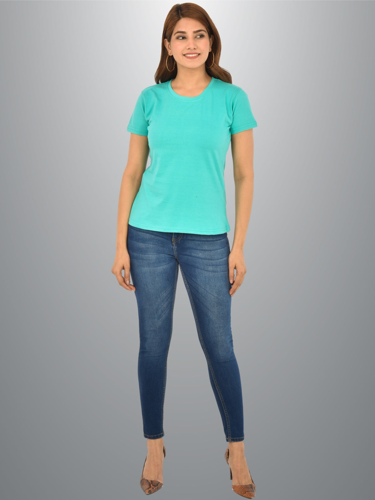 Womens Turquoise Half Sleeves Cotton Plain T-shirt