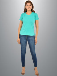 Womens Turquoise Half Sleeves Cotton Plain T-shirt