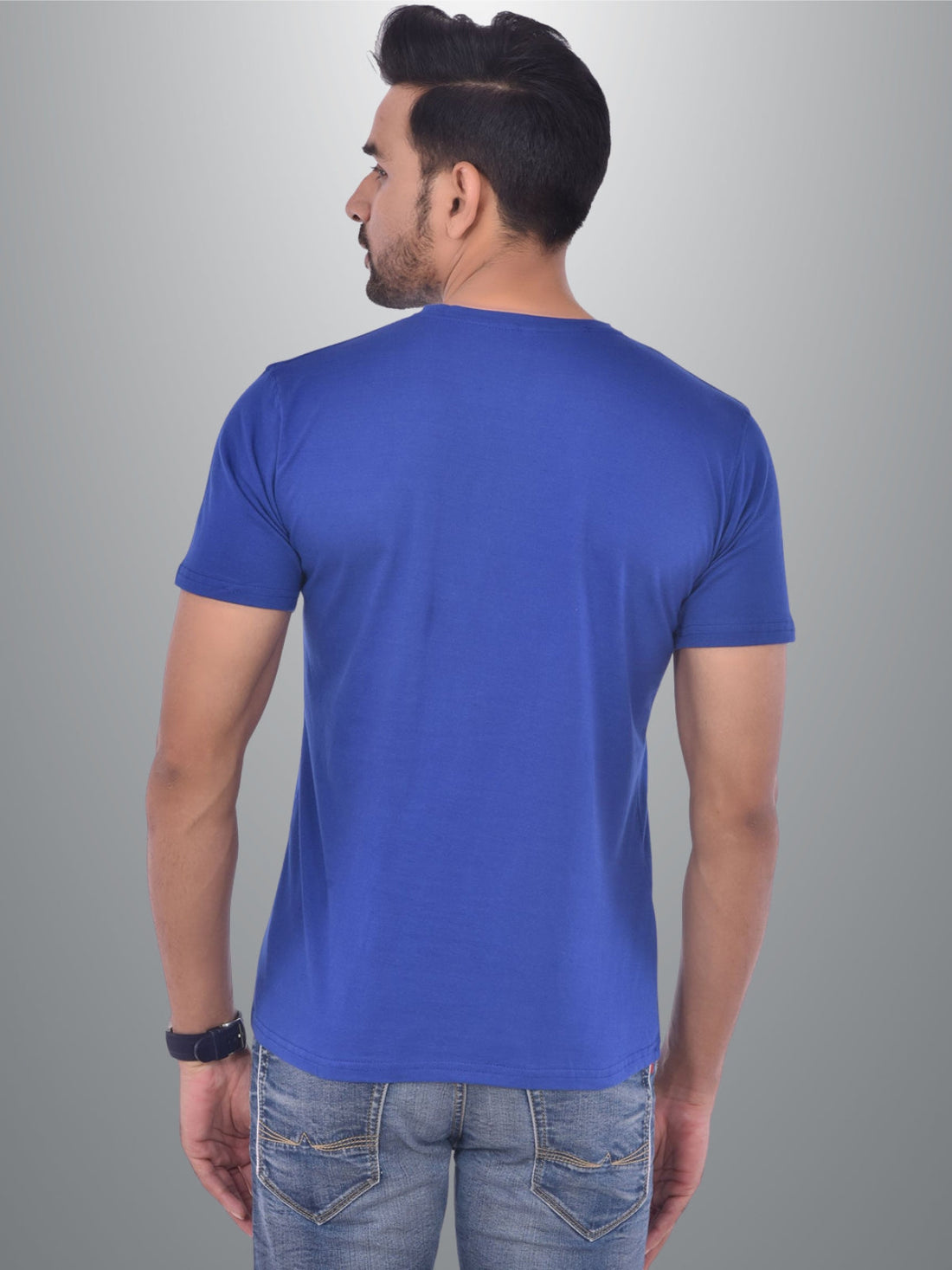 Mens Solid Round Neck  Half Sleeve Cotton Blend Blue T-shirt