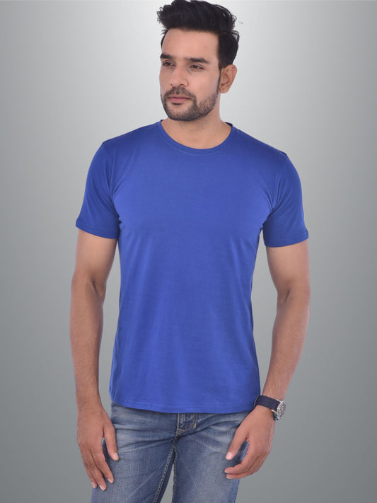 Mens Solid Round Neck  Half Sleeve Cotton Blend Blue T-shirt