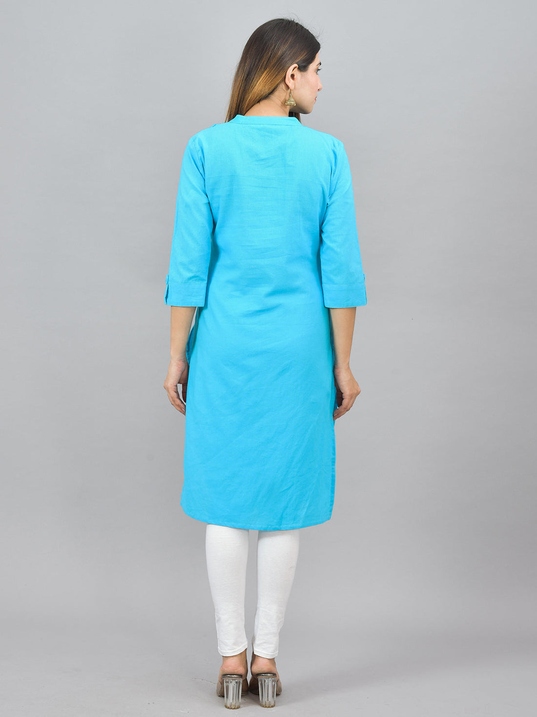 Womens Solid Sky Blue Three Fourth Sleeve Cotton Straight Kurti
