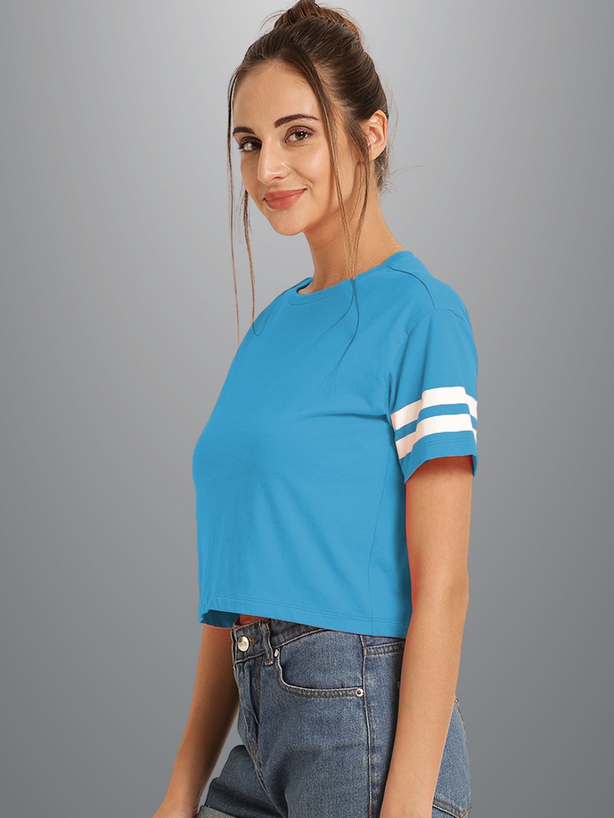 Womens Solid Sky Blue Cotton Crop Top With Designer White Stripe