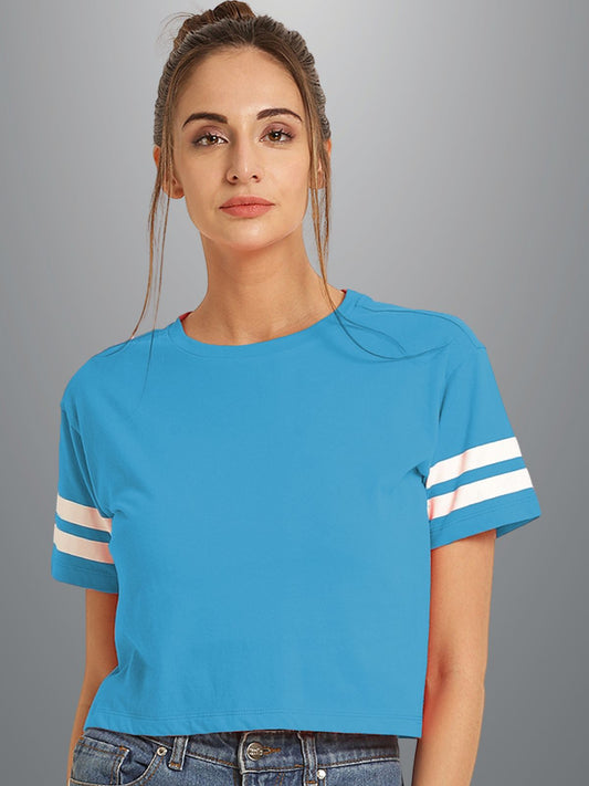 Womens Solid Sky Blue Cotton Crop Top With Designer White Stripe