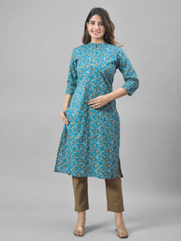 Women Sky Blue Cambric Cotton Floral Printed Kurti