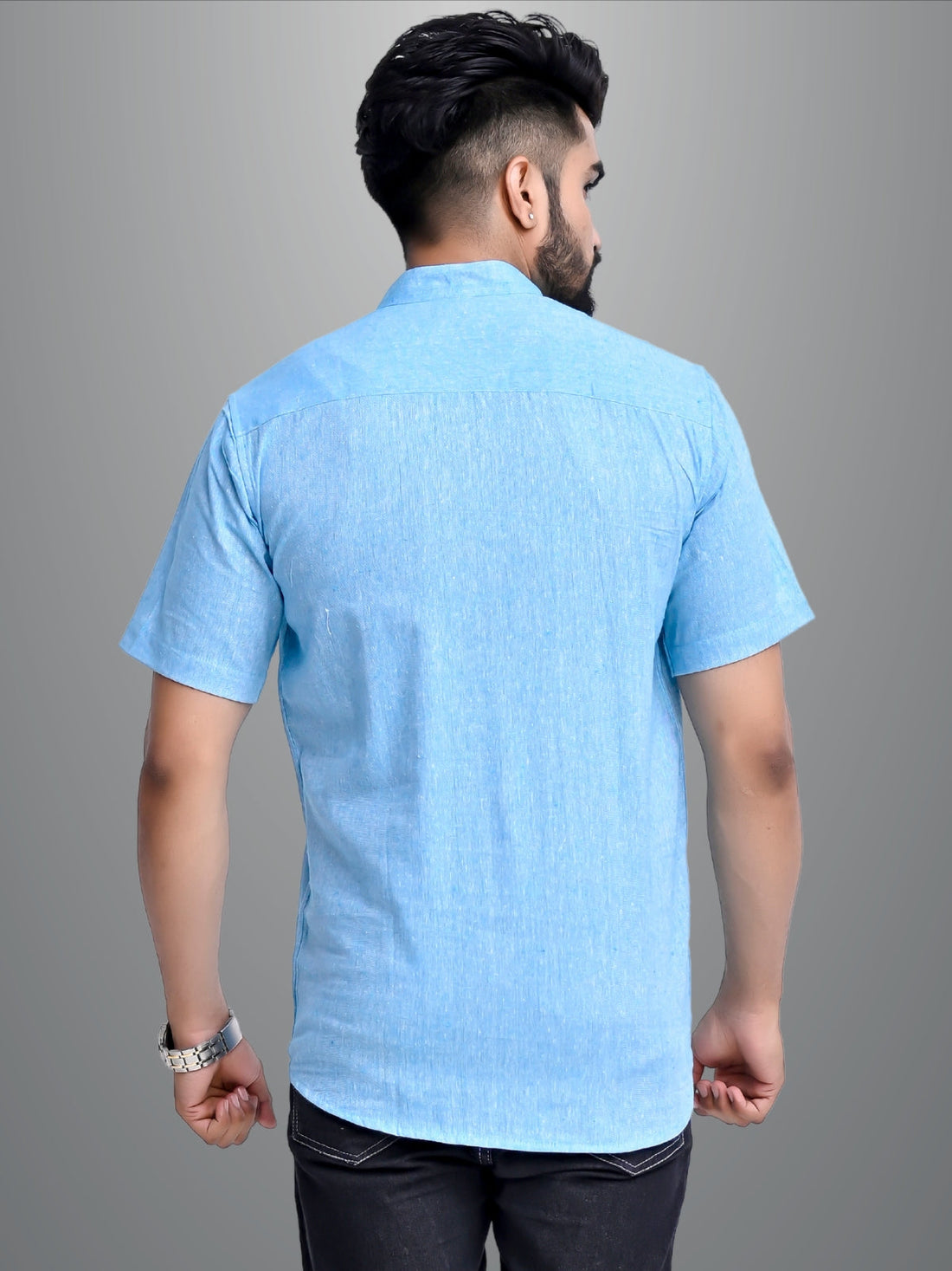 Mens Solid Sky Blue Khadi Cotton Short Kurta