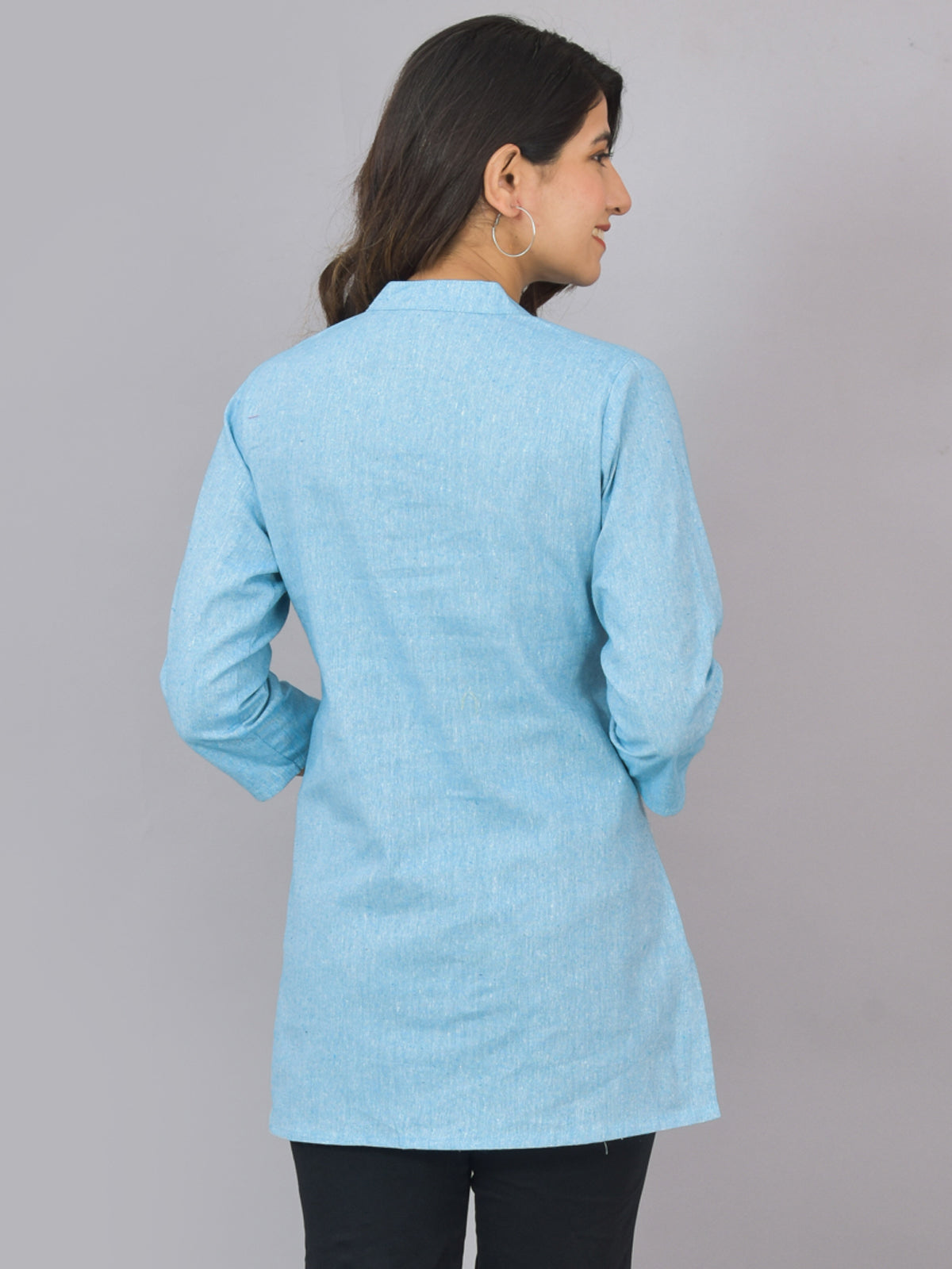 Pack Of 2 Womens Cream And Sky Blue Woven Design Handloom Cotton Frontslit Short Kurtis