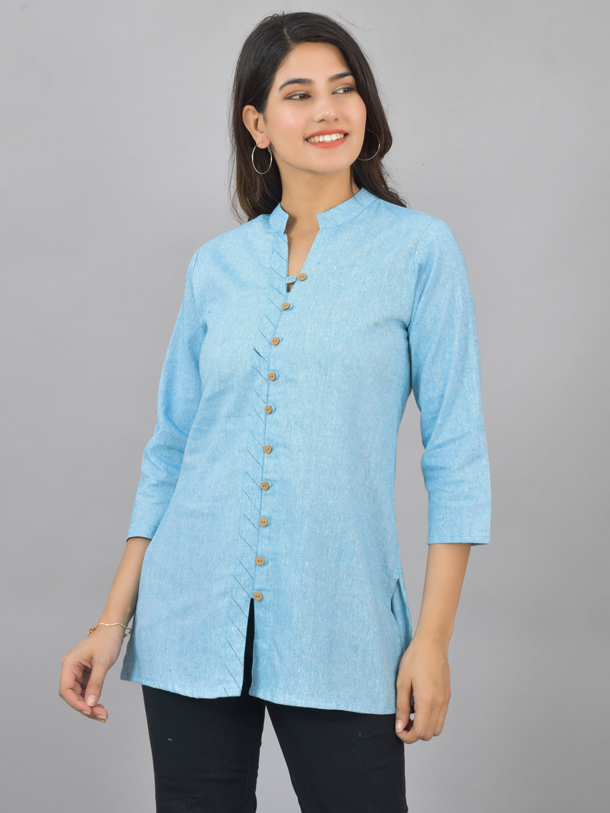Womens Sky Blue Woven Design Handloom Cotton Frontslit Short Kurti