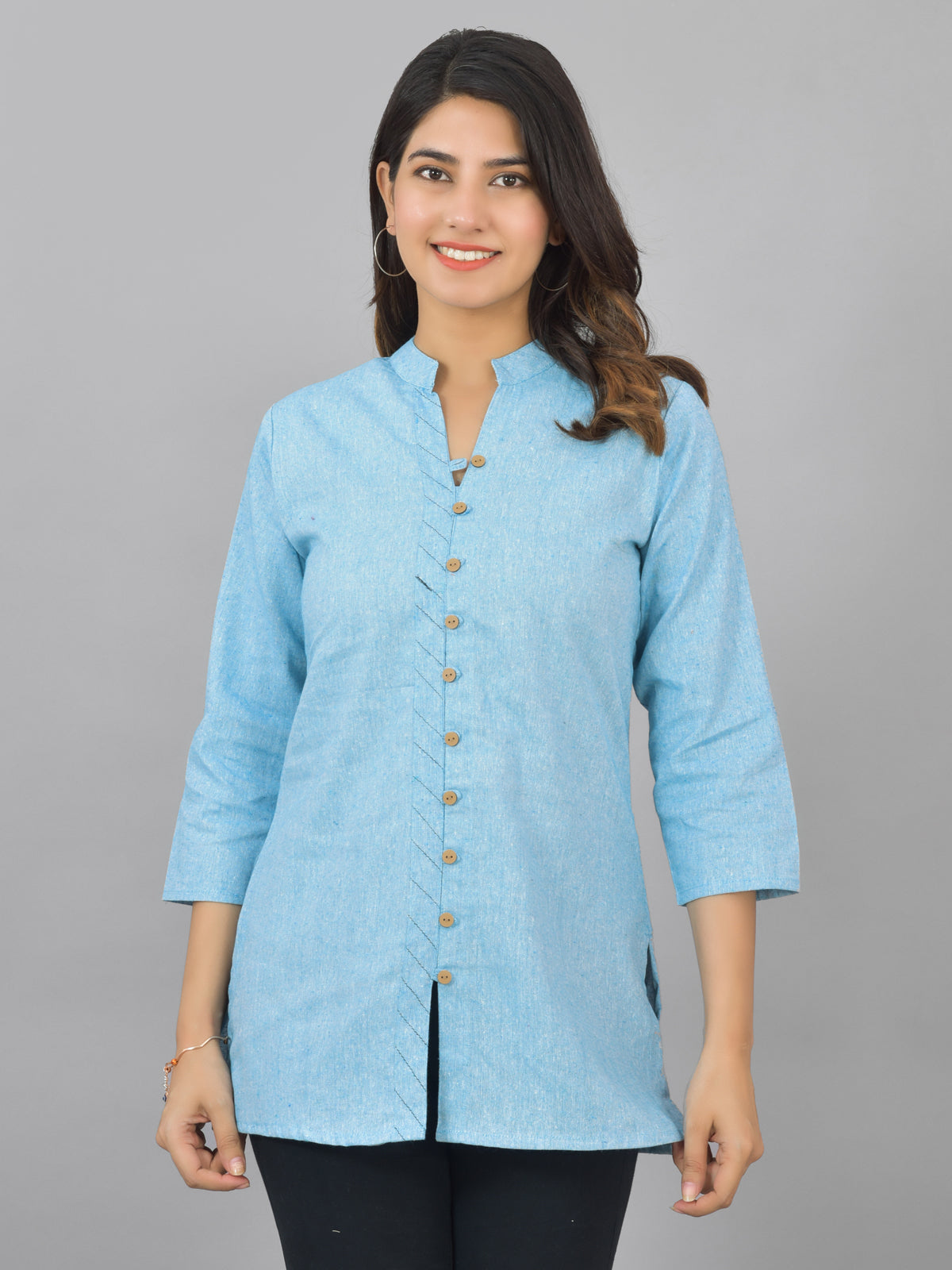 Pack Of 2 Womens Cream And Sky Blue Woven Design Handloom Cotton Frontslit Short Kurtis