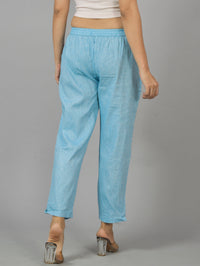 Pack Of 2 Womens Green and Sky Blue Fully Elastic Cotton Trousers