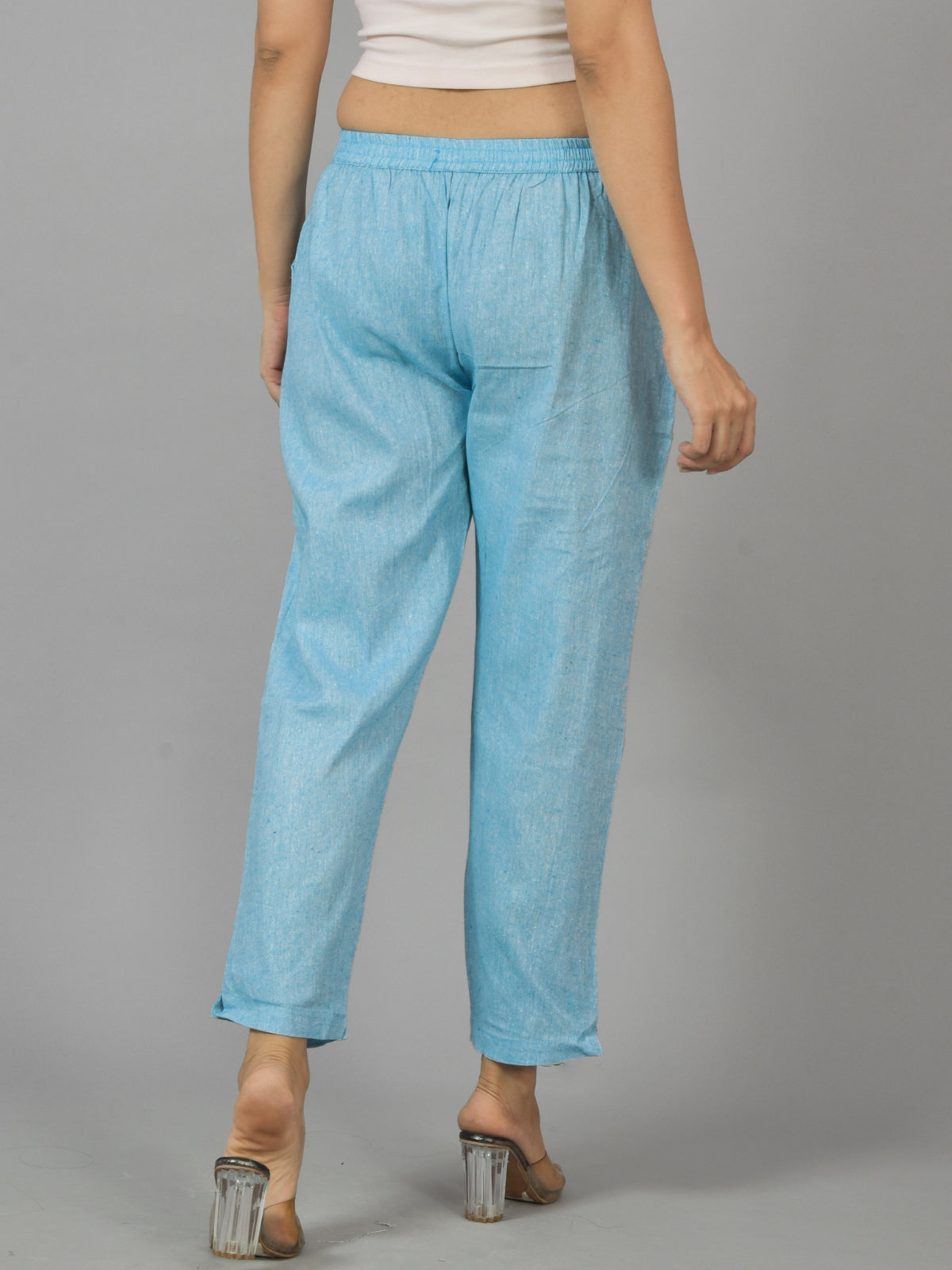 Pack Of 2 Womens Red and Sky Blue Fully Elastic Cotton Trousers
