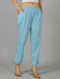Women Regular Fit Sky Blue Cotton Trouser