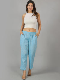 Pack Of 2 Womens Off White and Sky Blue Fully Elastic Cotton Trousers