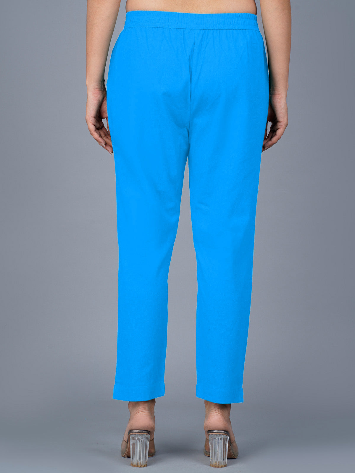 Pack Of 2 Womens Regular Fit Teal Blue And Sky Blue Fully Elastic Waistband Cotton Trouser