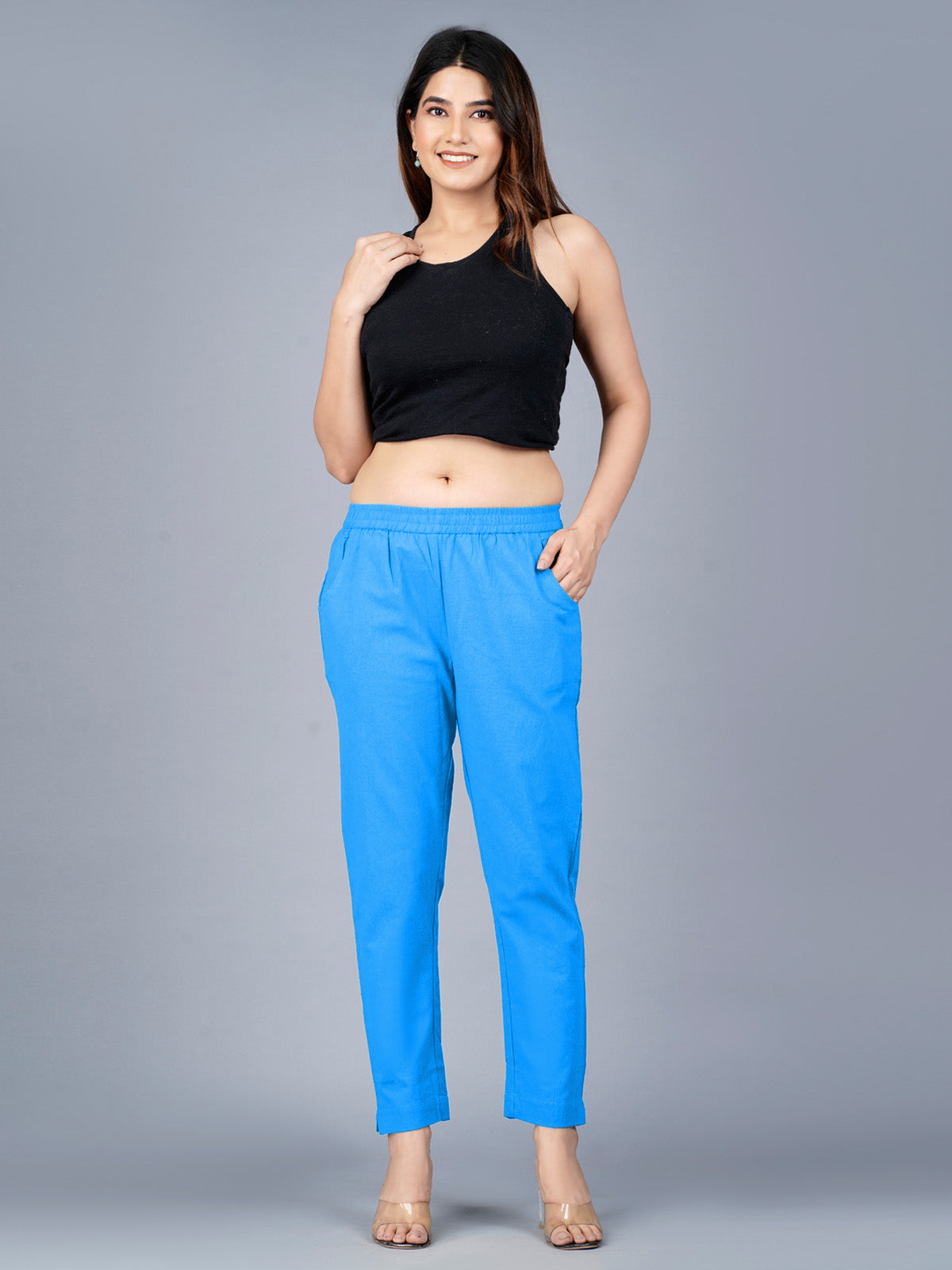 Women's Sky-Blue Regular Fit Elastic Cotton Trouser