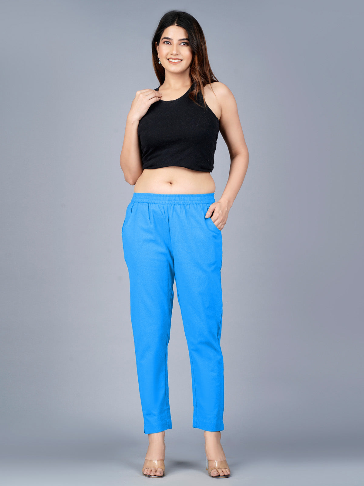 Pack Of 2 Womens Regular Fit SKy Blue And Navy Blue Fully Elastic Waistband Cotton Trouser