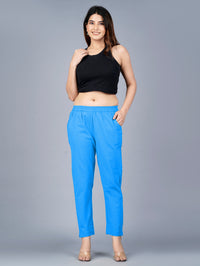 Pack Of 2 Womens Regular Fit SKy Blue And Navy Blue Fully Elastic Waistband Cotton Trouser