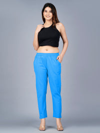Pack Of 2 Womens Regular Fit SKy Blue And Rani Fully Elastic Waistband Cotton Trouser