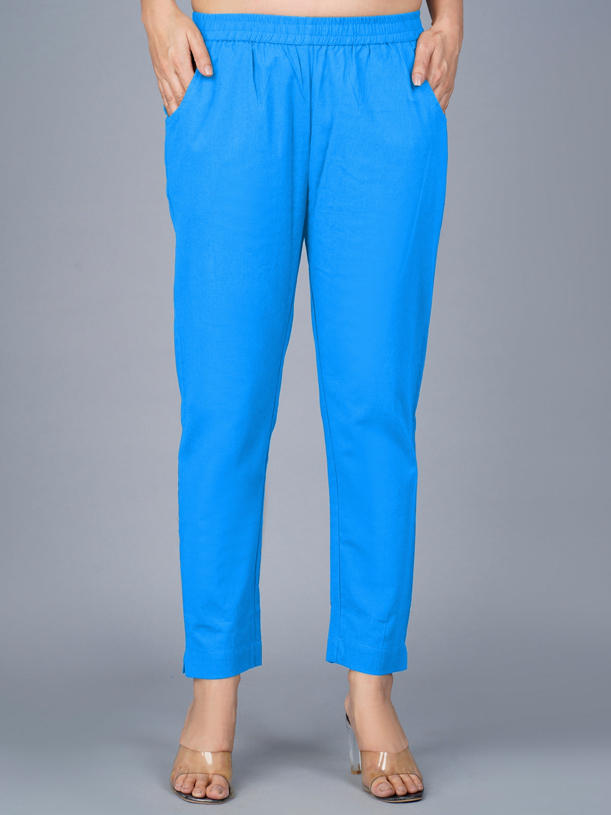 Pack Of 2 Womens Regular Fit Teal Blue And Sky Blue Fully Elastic Waistband Cotton Trouser