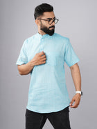Solid Sky Blue Cotton Regular Fit Short Kurta