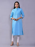 Women Solid Sky Blue Woven South Cotton Kurti