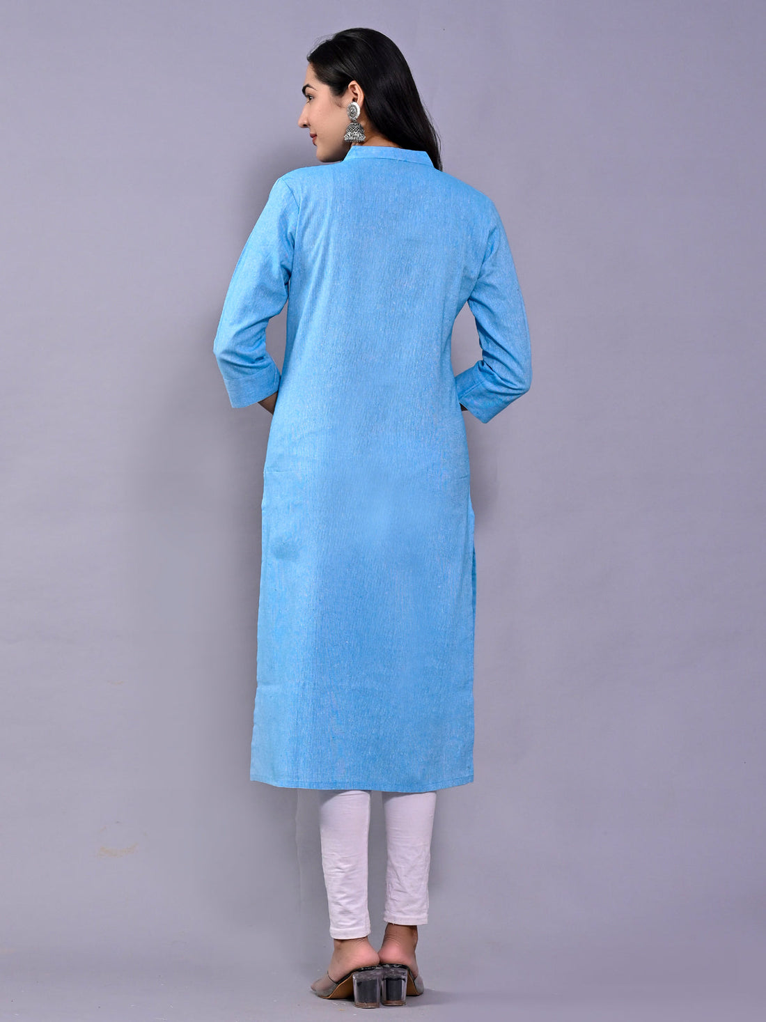 Women Solid Sky Blue Woven South Cotton Kurti