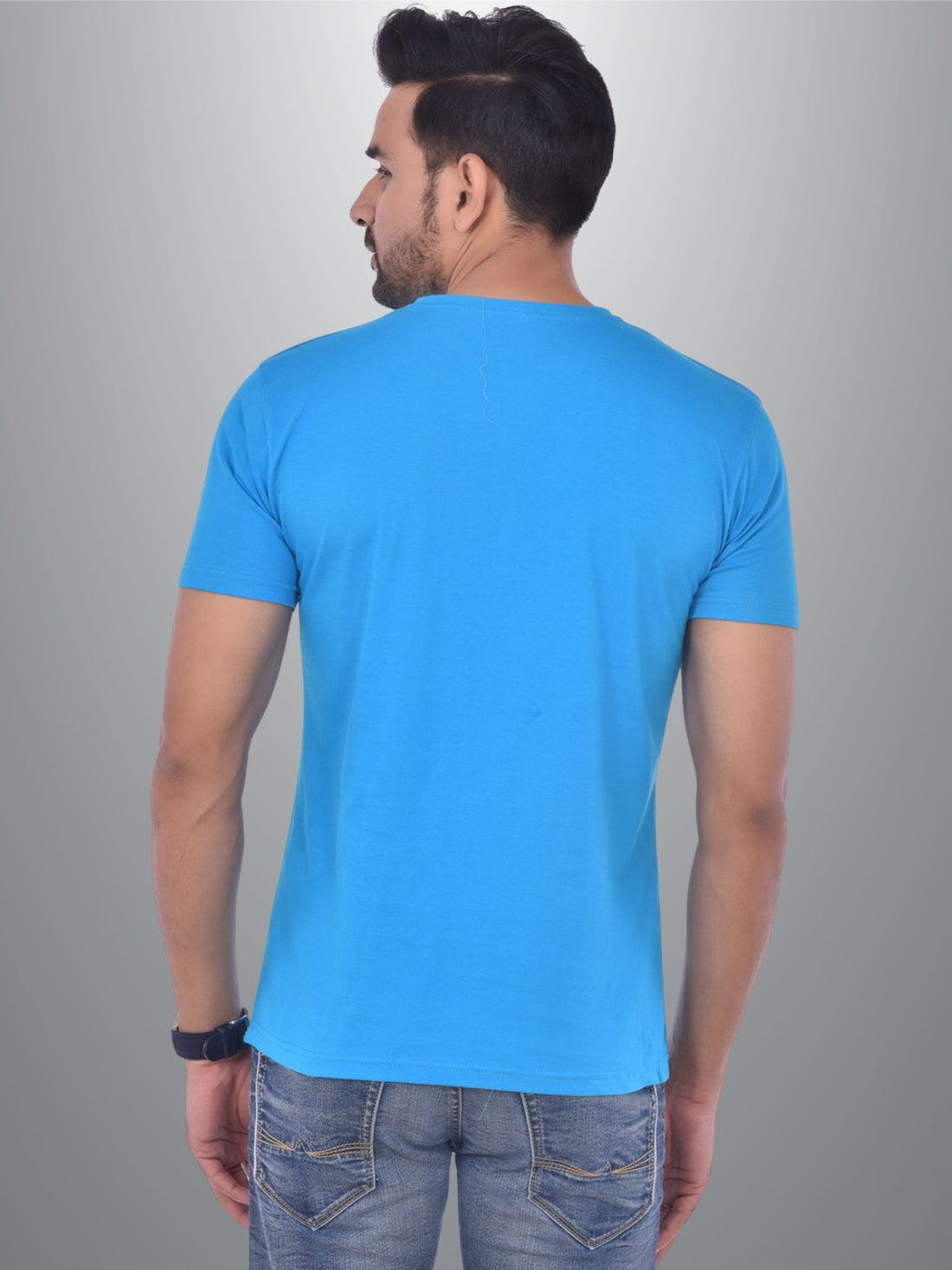 Mens Solid Round Neck  Half Sleeve Cotton Blend Sky Blue T-shirt