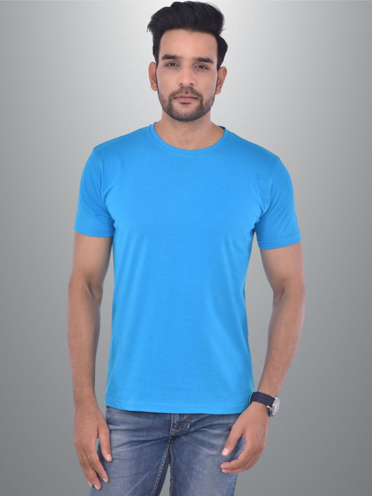 Mens Solid Round Neck  Half Sleeve Cotton Blend Sky Blue T-shirt