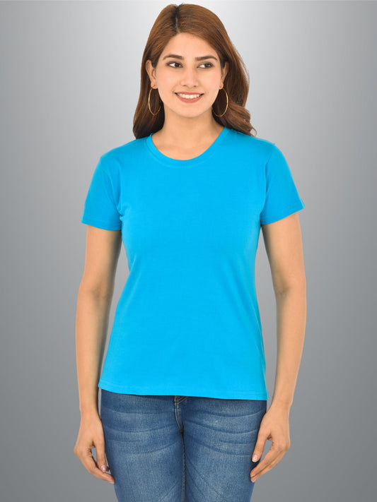 Womens Sky Blue Half Sleeves Cotton Plain T-shirt